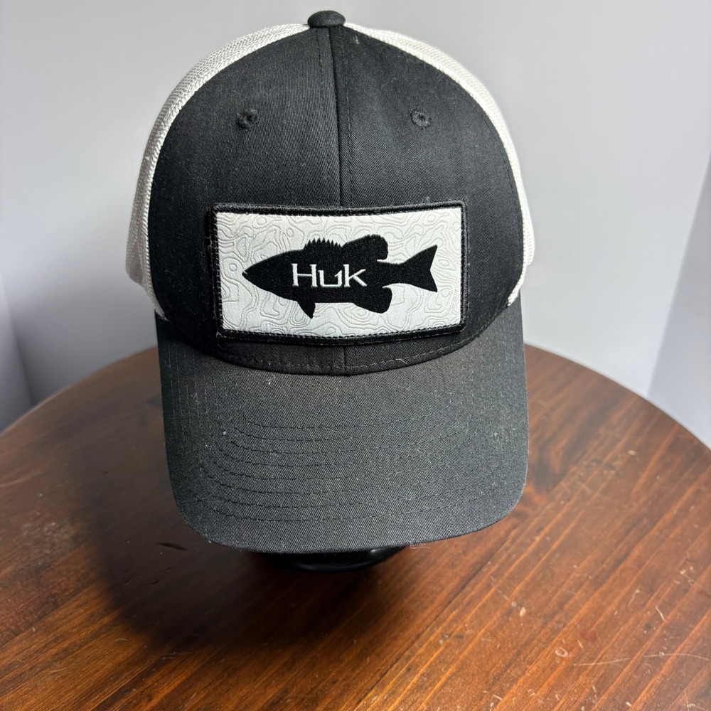 Huk Trucker Hat Mens OSFA Black White Fishing Snapback Mesh Back Bass Patch